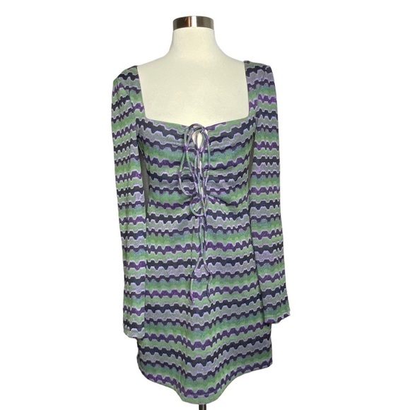 Zara Retro Print Metallic Chevron Zig Zag Mini Dress Long Sleeve - Picture 1 of 7
